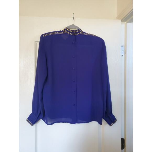 Vintage 70s Wilroy Purple Gold Embroidered Sheer Silky Statement Blouse, Size 6 - Picture 9 of 14